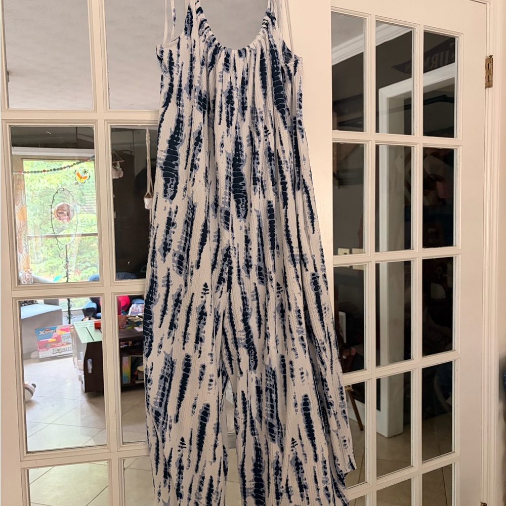 Sleeveless Tie-Dye Maxi Jumpsuit in Navy and White